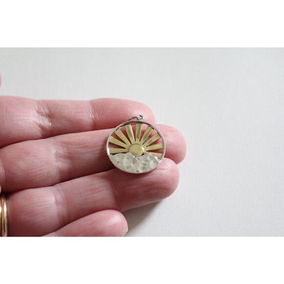 Sterling Silver Mountain Sunrise with Bronze Sun Charm, Mountain Range Pendant - Picture 2 of 4